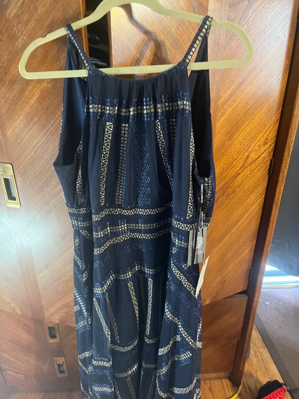 Vince Camuto Navy Maxi Dress with Gold Geometric Trim